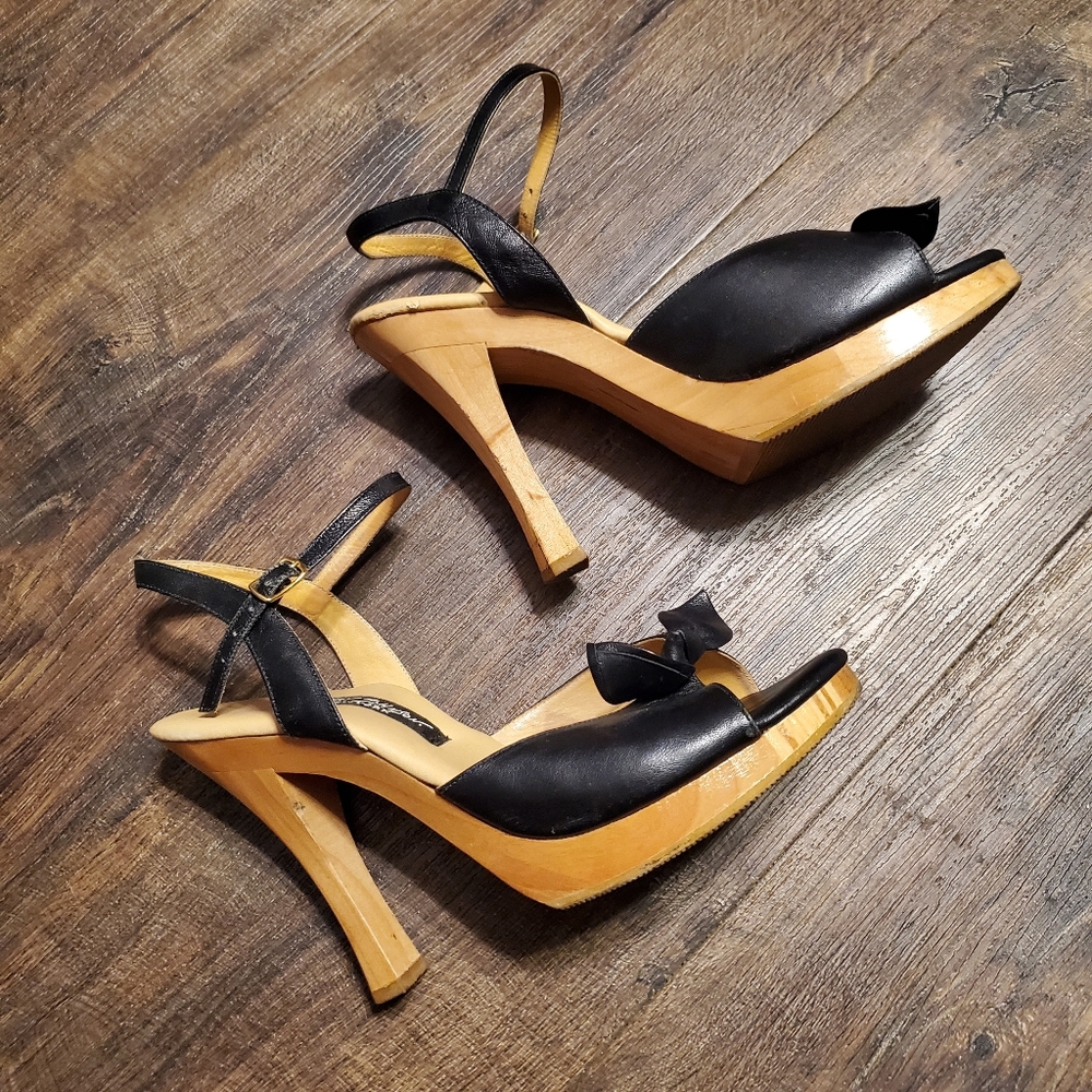 Betsey Johnson Black Leather Open-Toe Wood Platform Heels